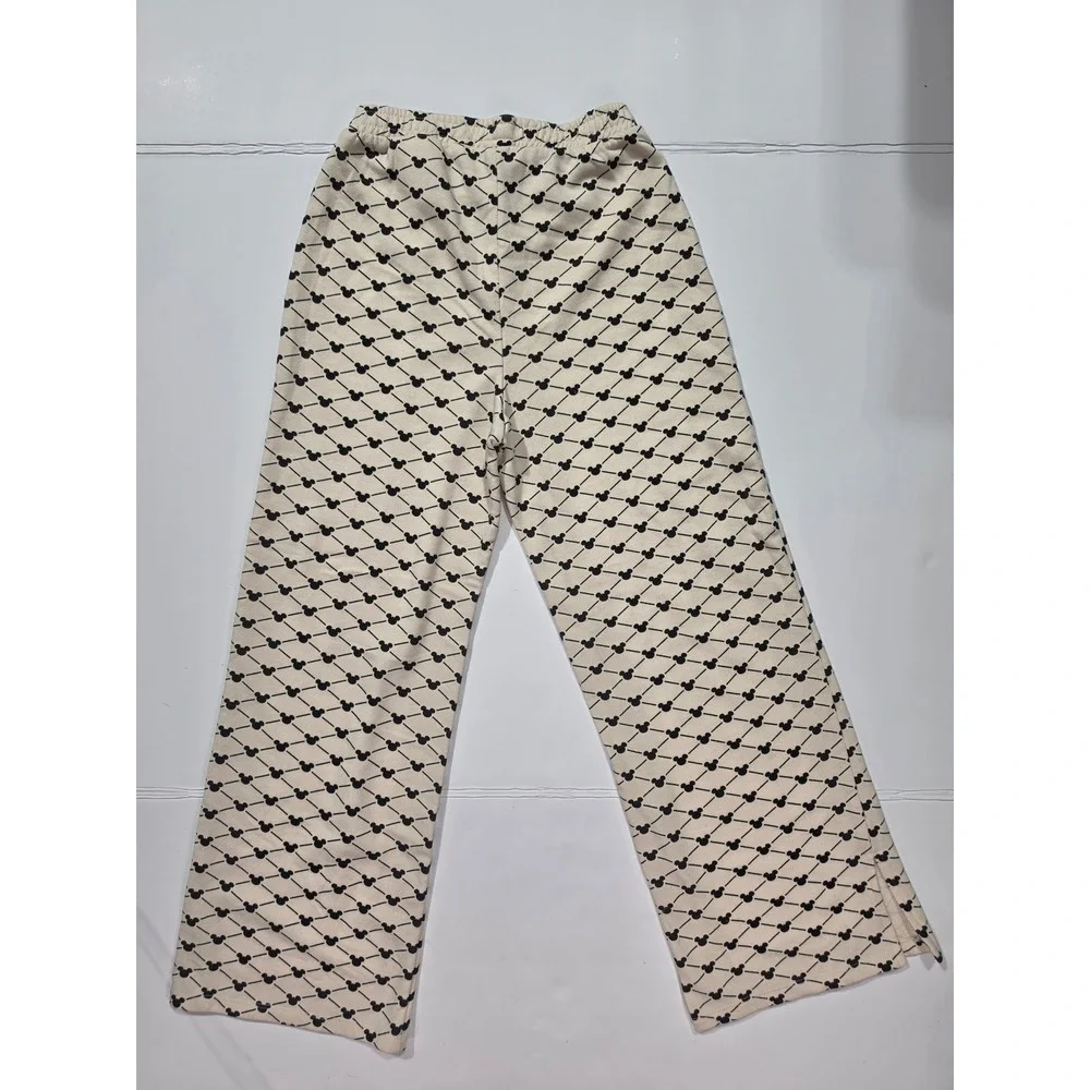 Disney H&M Girls Mickey Mouse Monogram Wide Leg Sweatpants Size 18 Cream Black